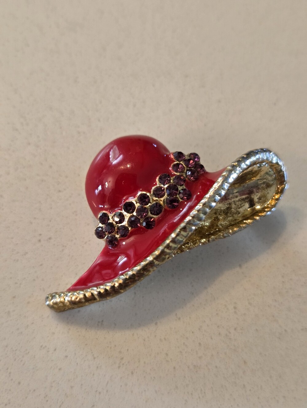 Red Enamel Hat Brooch with Gold Trim and Rhinestones